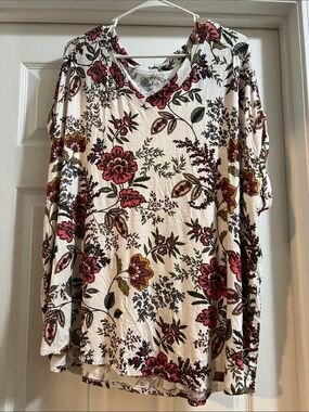 Floral V-Neck Cream Tunic with Pink and Olive Accents
